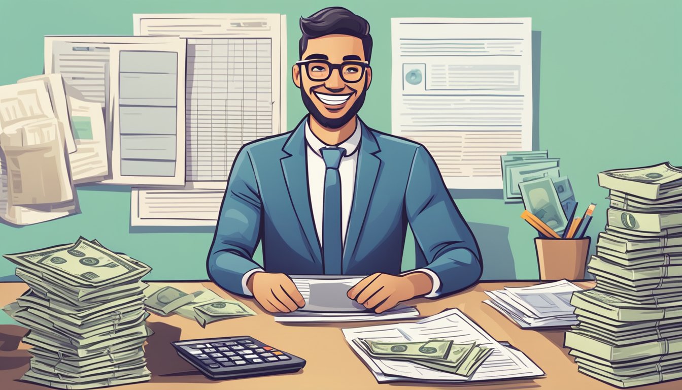 A person receiving tax relief on a personal loan, with a smiling face and a stack of money, surrounded by financial documents and a calculator