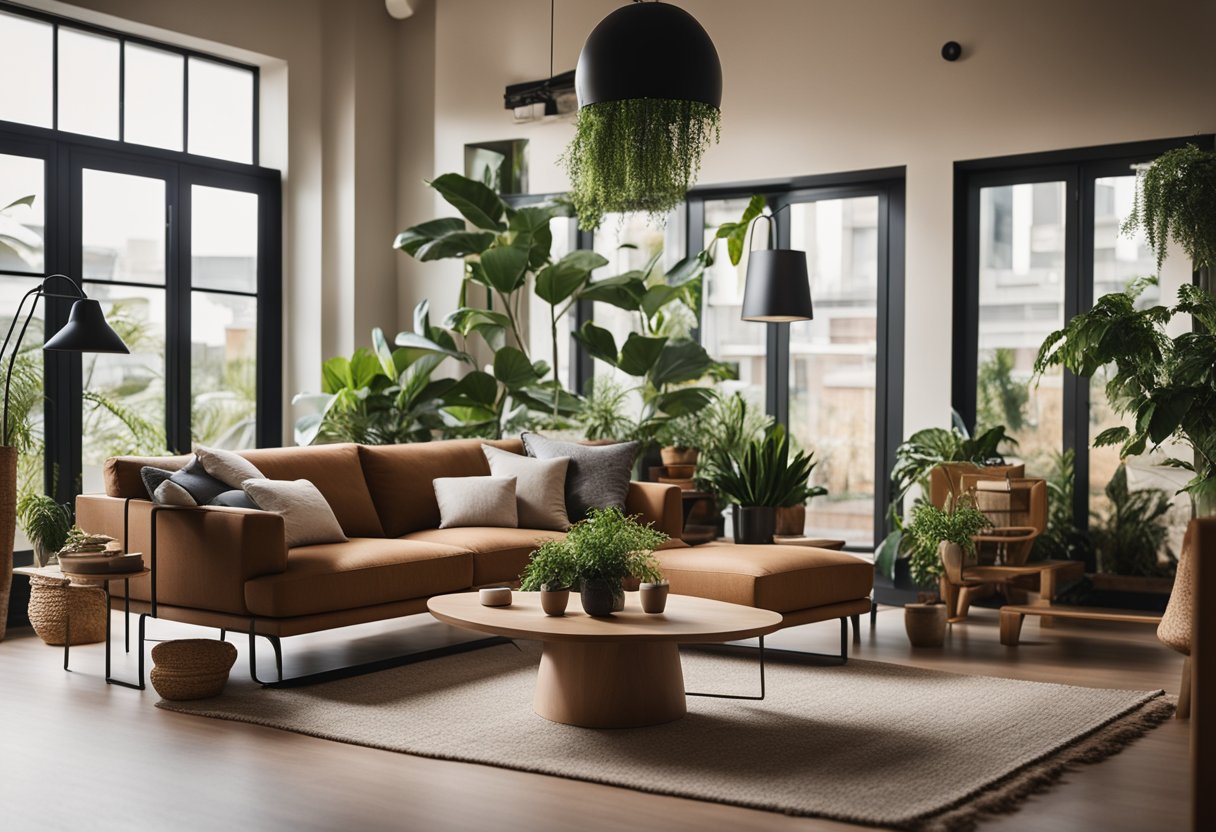 A cozy living room with modern furniture, warm earthy tones, and natural textures. A large window lets in plenty of natural light, and houseplants add a touch of greenery