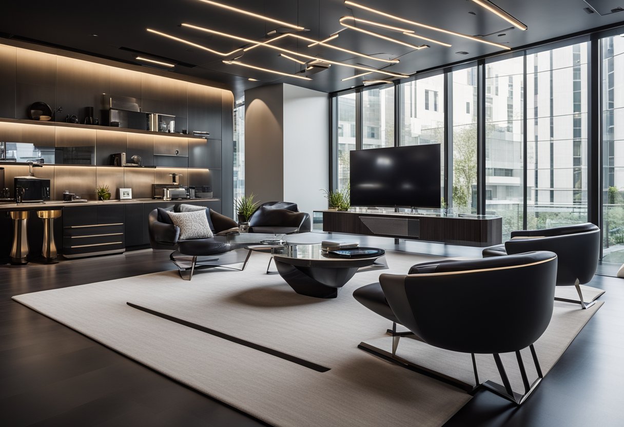 A sleek, modern interior with cutting-edge furniture and technology, showcasing the fusion of innovative design and industry excellence in the iida interior design