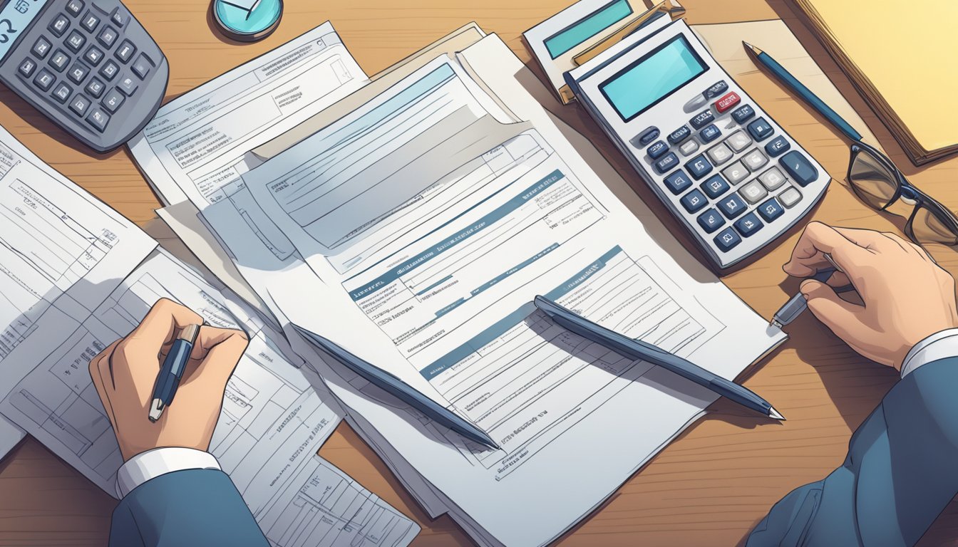 A non-resident sits at a desk, reviewing loan terms and financial considerations. Documents and a calculator are spread out in front of them