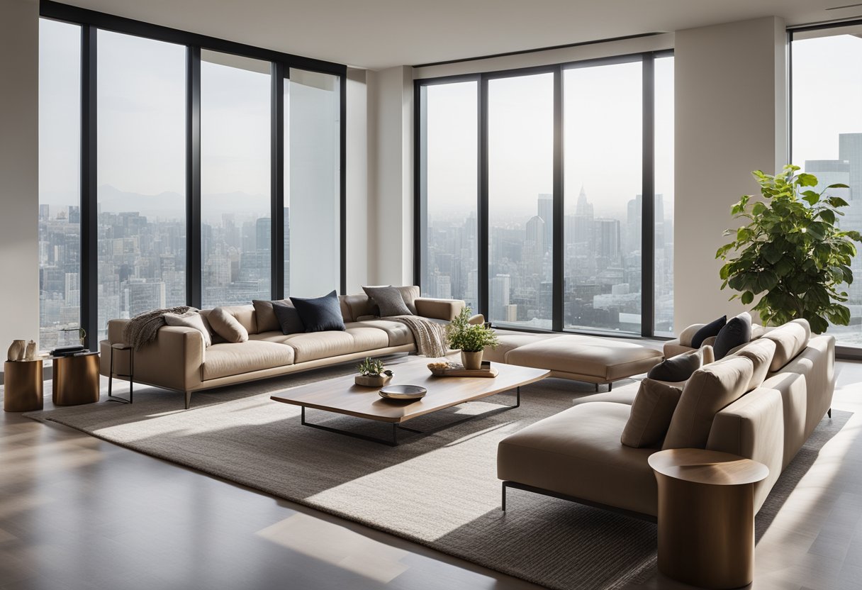 A spacious living room with a modern, minimalist design. Large windows let in natural light, highlighting the sleek furniture and neutral color palette