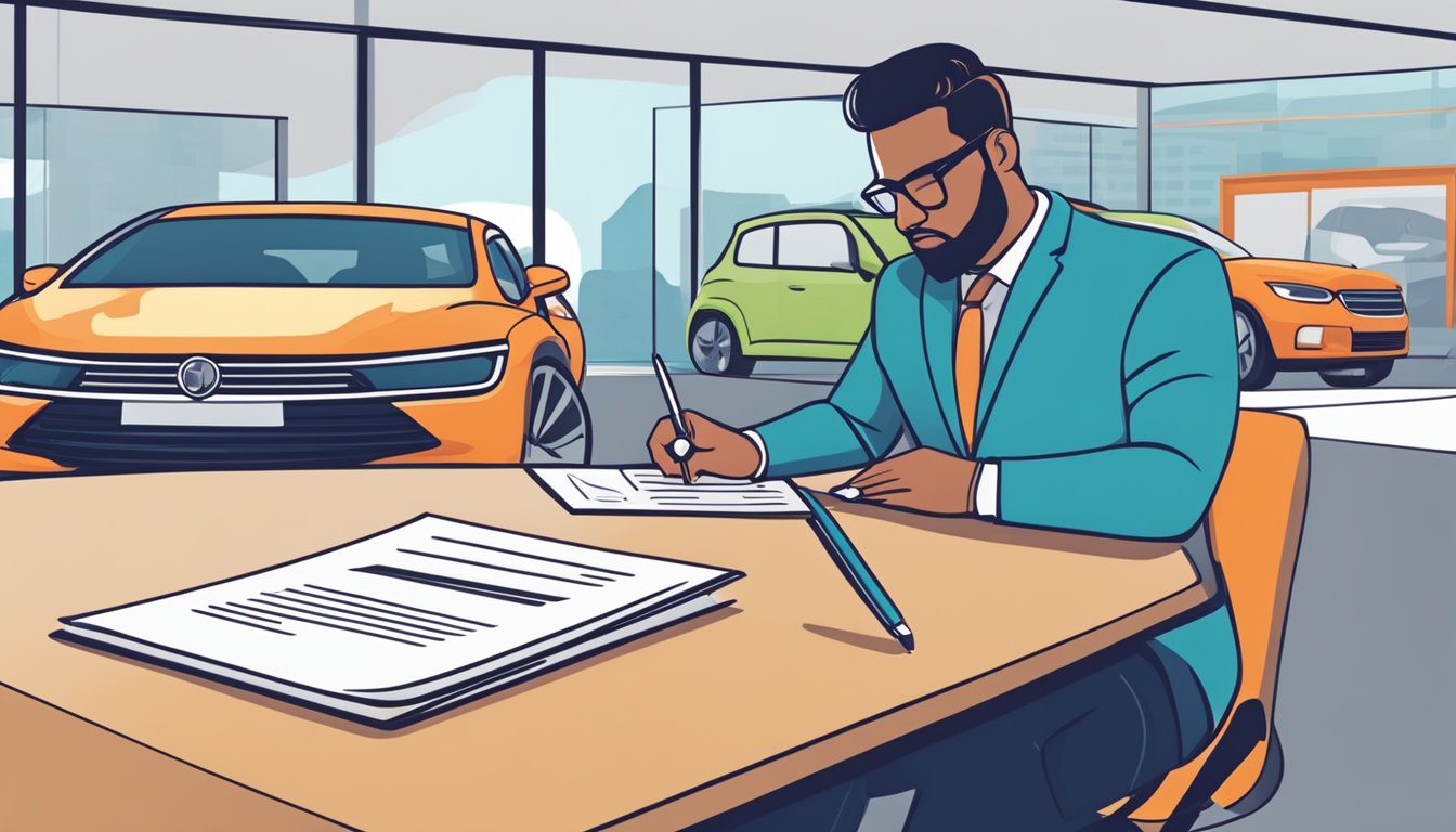 A person signing a personal loan document while a car sits in a dealership, with a car loan agreement on the table