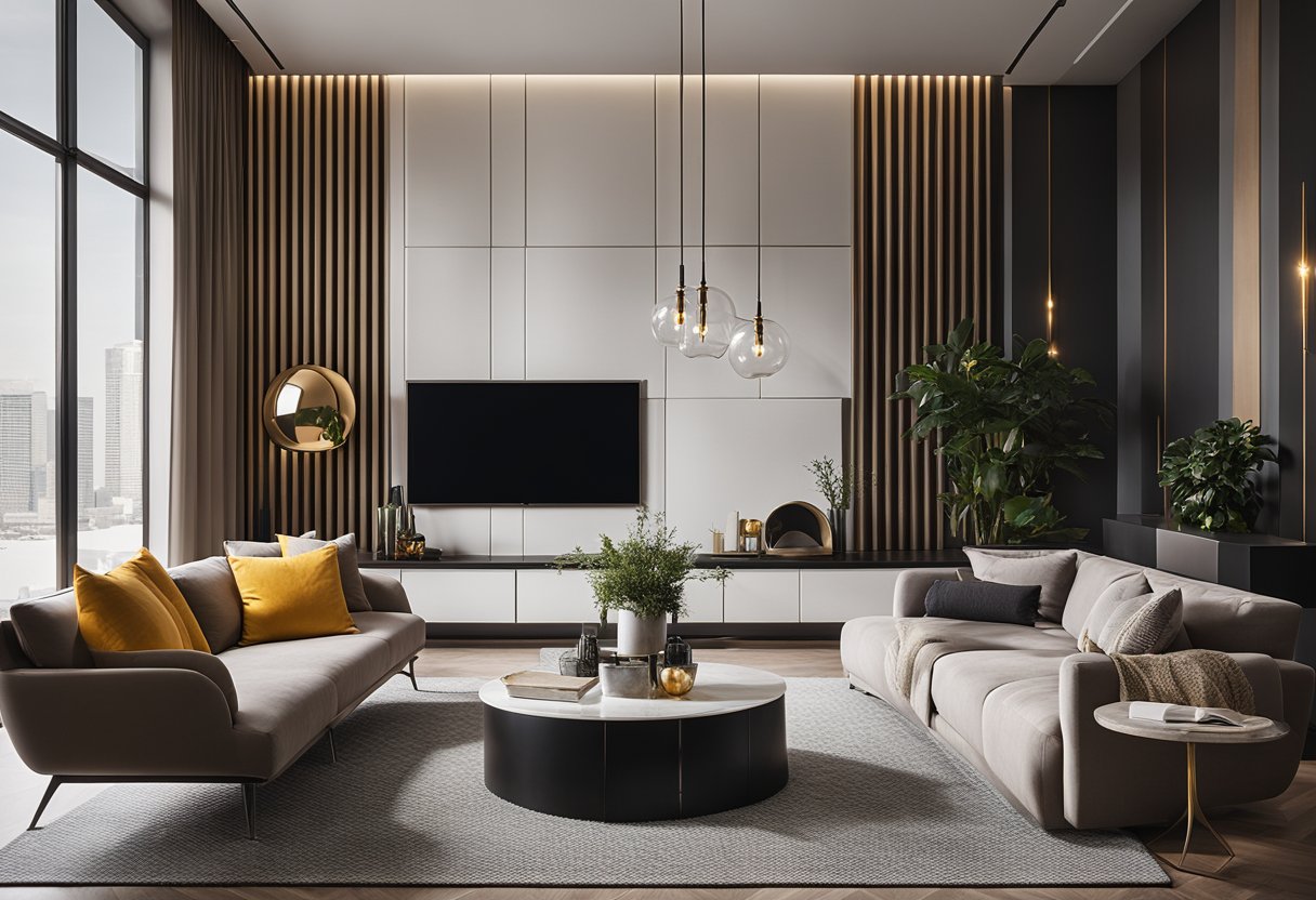 A sleek, modern living room with bold colors, clean lines, and designer furniture. Artistic lighting and unique decor pieces add a touch of luxury