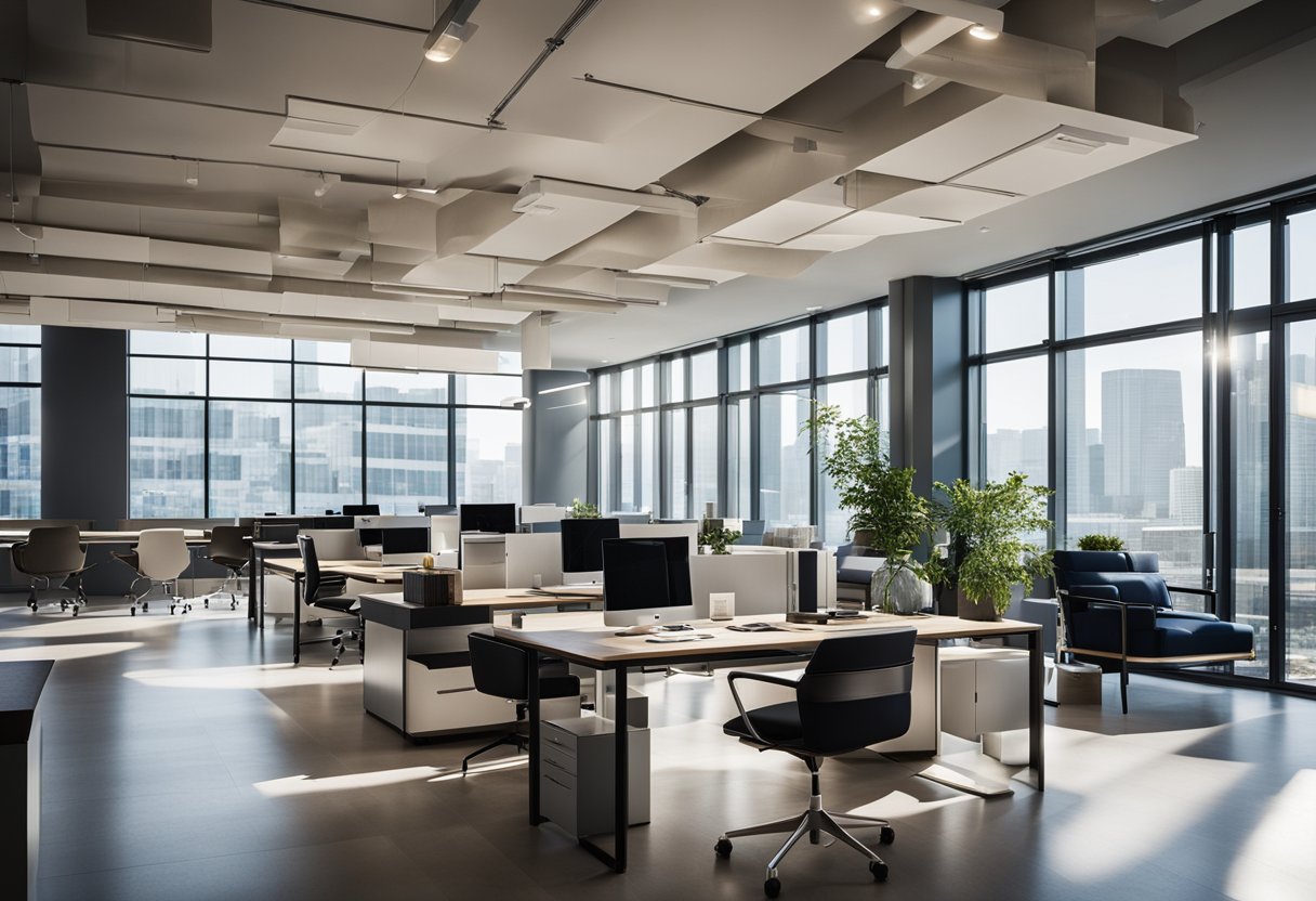 A modern office with sleek furniture and vibrant accents. A designer's desk displays blueprints and fabric swatches. Light streams in through large windows, illuminating the space