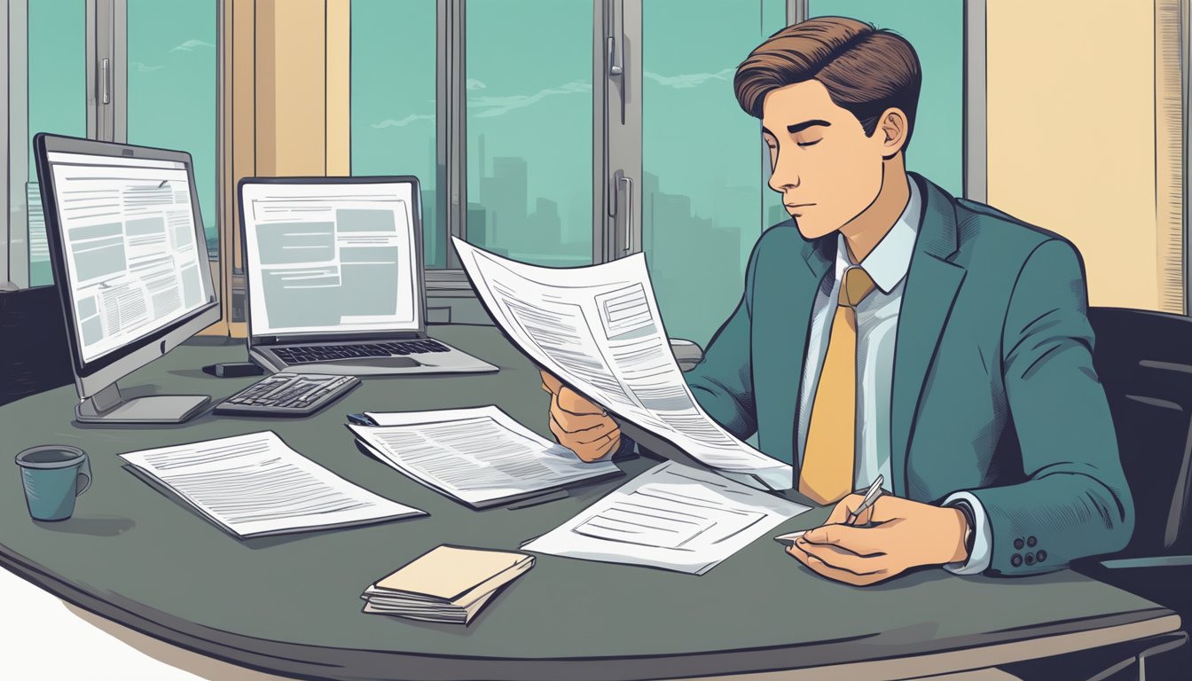 A person sits at a desk, pondering over two documents - one labeled "personal loan" and the other "car loan." The person is comparing the terms and conditions of each loan type, with a thoughtful expression on their face