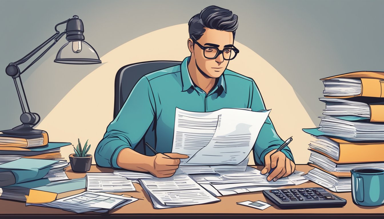 A person sitting at a desk, surrounded by financial documents and a calculator, with a look of determination on their face as they research personal loan tax relief options