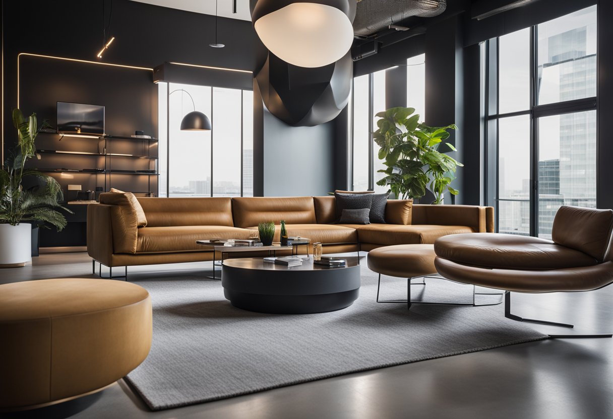 Sleek furniture, clean lines, and bold colors define the space, with a focus on functionality and minimalism. A mix of textures and materials adds depth, while innovative lighting creates a modern ambiance