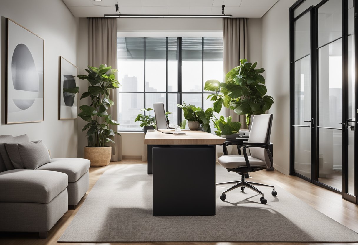 A sleek, modern office space with clean lines, neutral colors, and comfortable furniture. A large desk with a computer and design samples. Artistic decor and plants add a touch of warmth