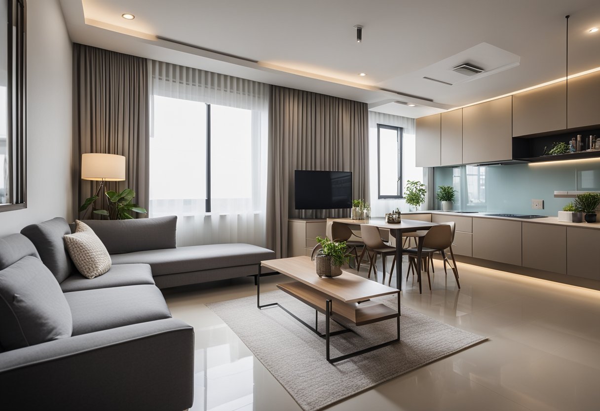 A spacious and modern 4-room HDB flat with a minimalist design, featuring sleek furniture, neutral colors, and plenty of natural light