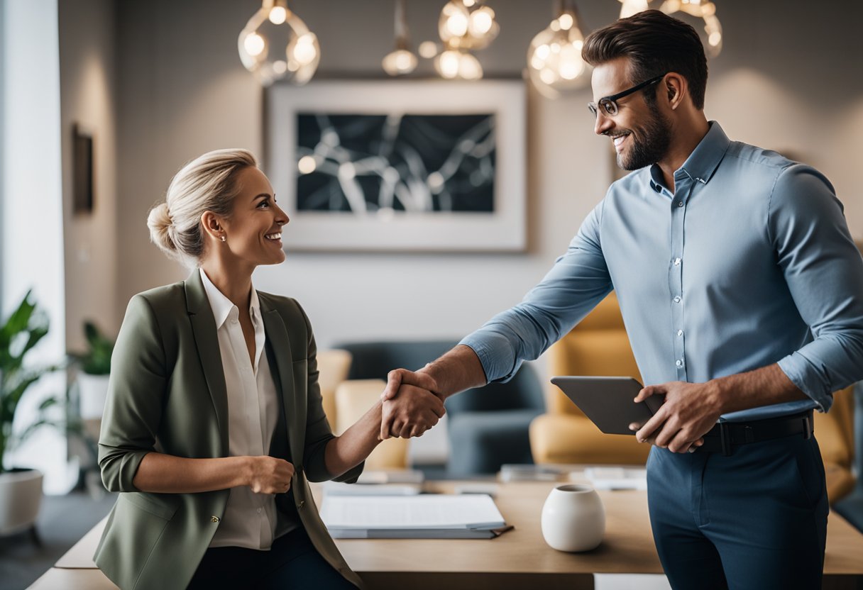 A client confidently shakes hands with an interior designer in a stylishly decorated office, surrounded by awards and positive client testimonials