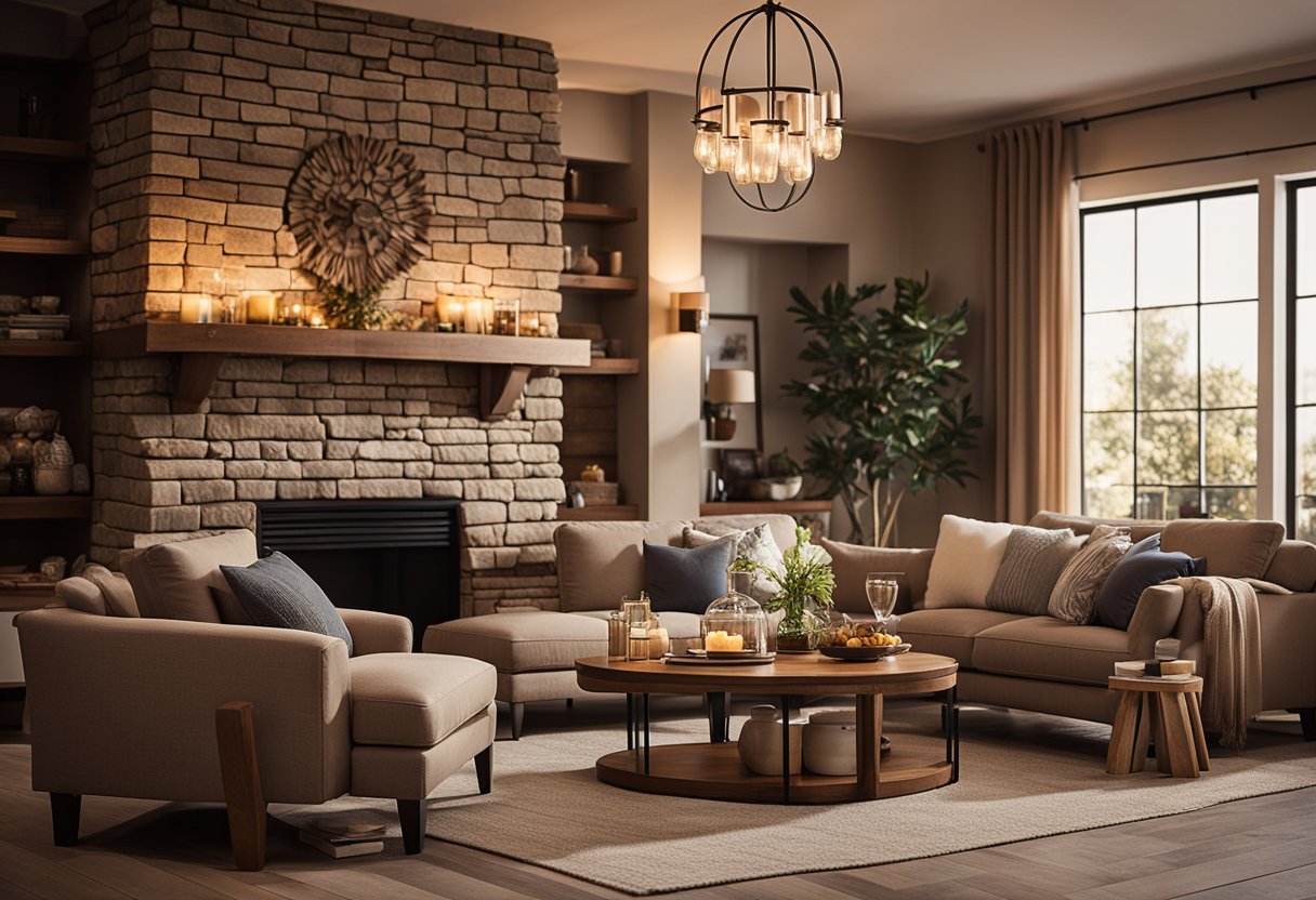 A warm, inviting living room with plush furniture, soft lighting, and warm earth tones. A crackling fireplace adds to the cozy ambiance