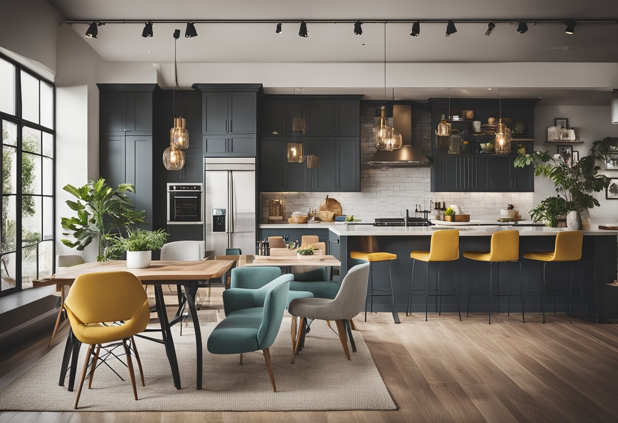 An open floor plan with a cozy living area, modern kitchen, and stylish dining space. A large wall map labeled "Frequently Asked Questions" serves as the focal point, surrounded by colorful decor and comfortable furniture