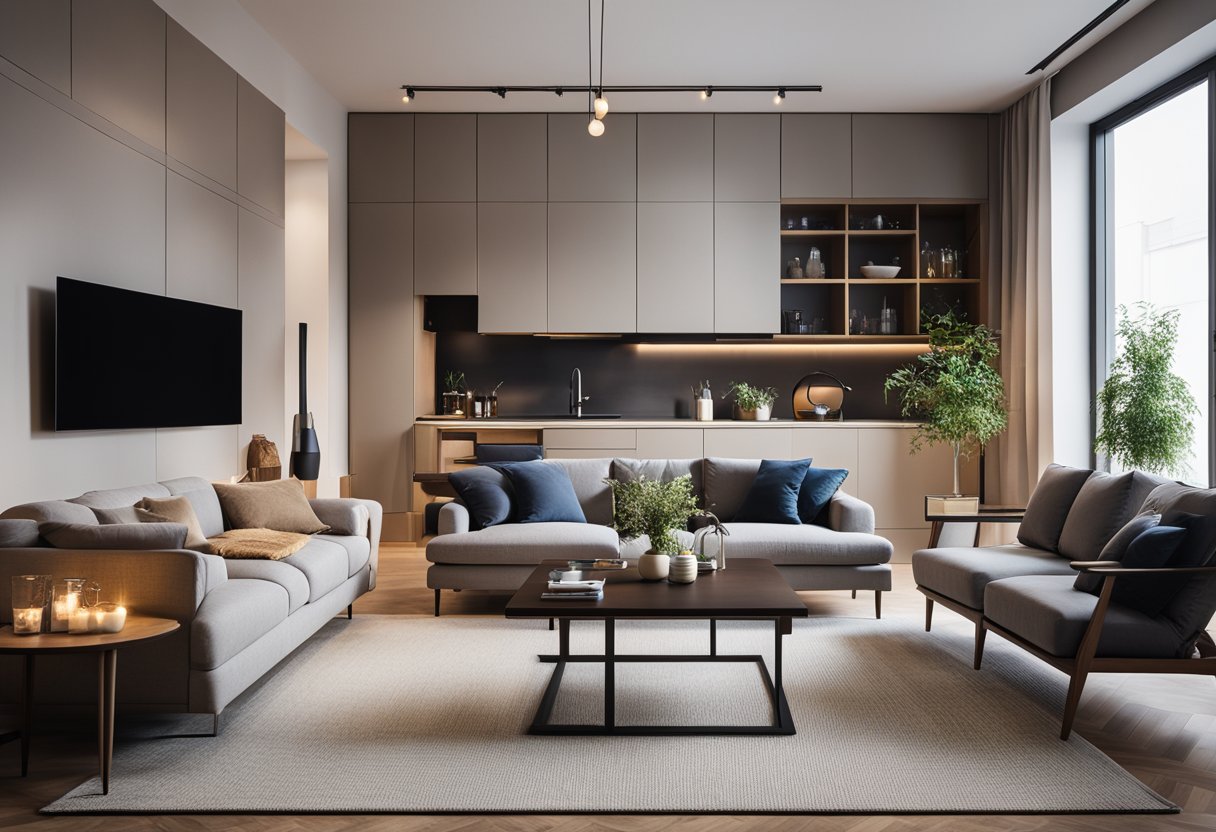 A cozy living room with modern furniture and warm lighting, a sleek kitchen with ample storage, a stylish dining area, and a comfortable bedroom with a minimalist design