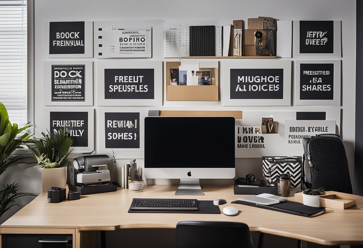An organized office space with a desk, computer, and shelves of design samples. A sign reading "Frequently Asked Questions" hangs on the wall
