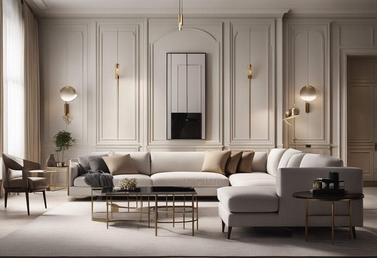 A modern classic interior with clean lines, neutral colors, and elegant furniture. A mix of traditional and contemporary elements creates a timeless, sophisticated space
