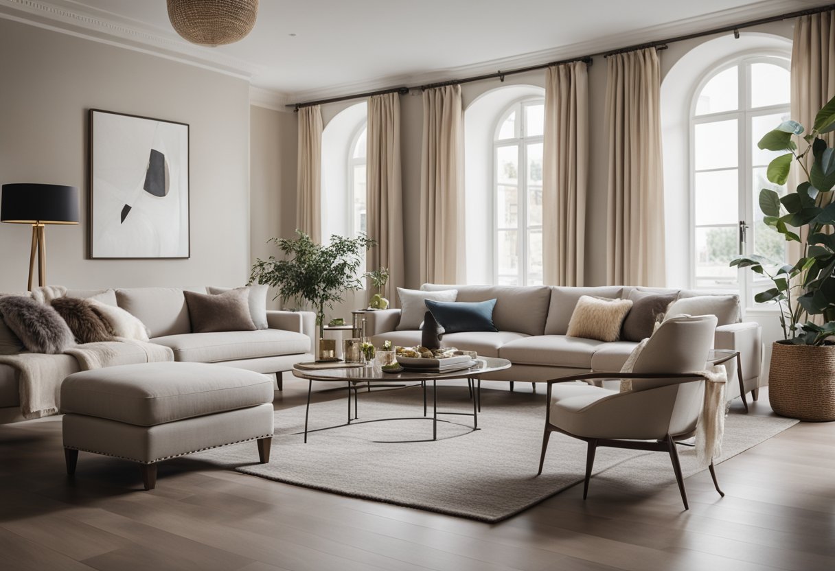 A spacious living room with clean lines, neutral colors, and elegant furniture. A mix of modern and traditional elements creates a timeless and sophisticated atmosphere