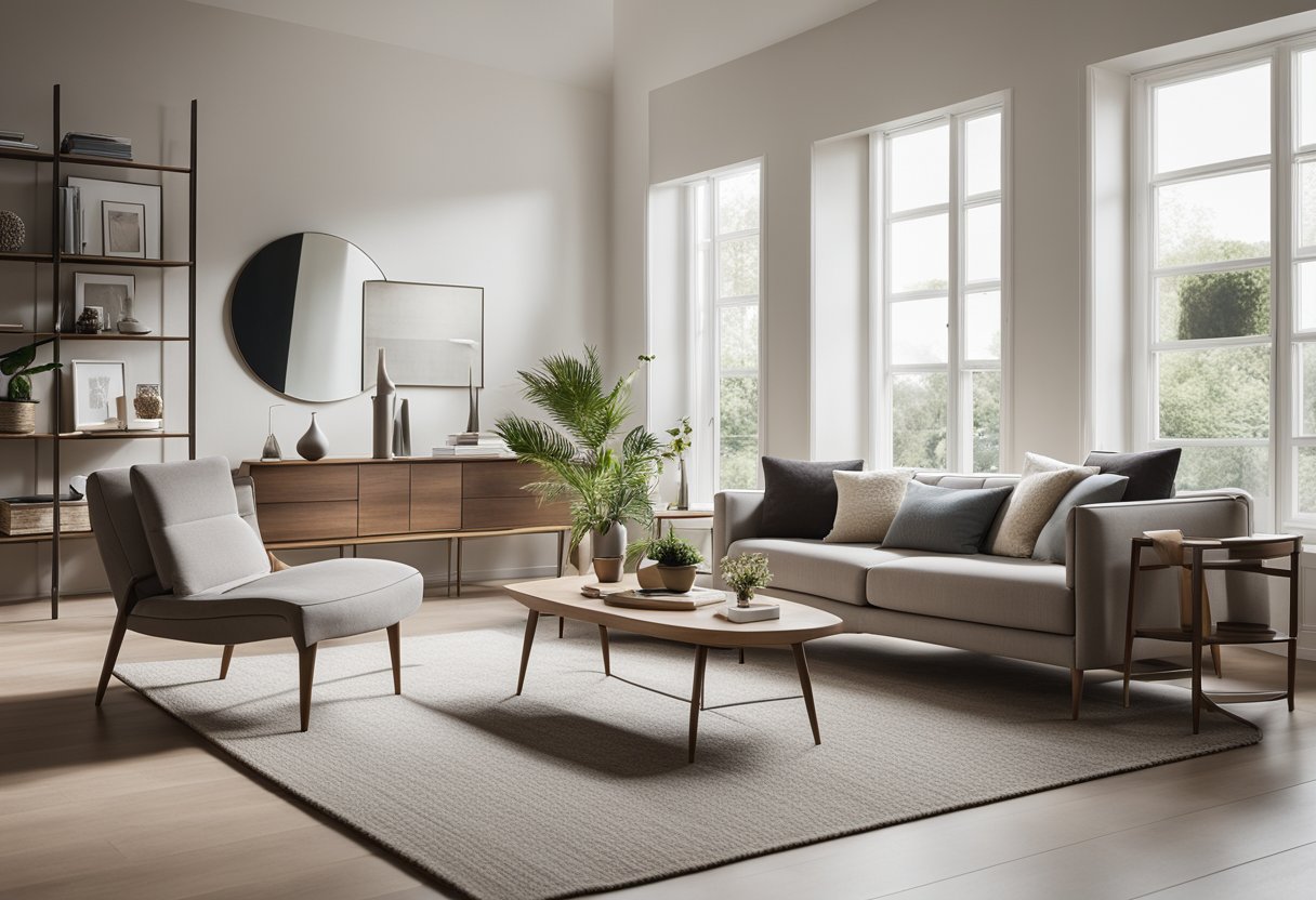 A sleek, uncluttered living room with clean lines, neutral colors, and multi-functional furniture. A large window lets in natural light, highlighting the simplicity and practicality of the space