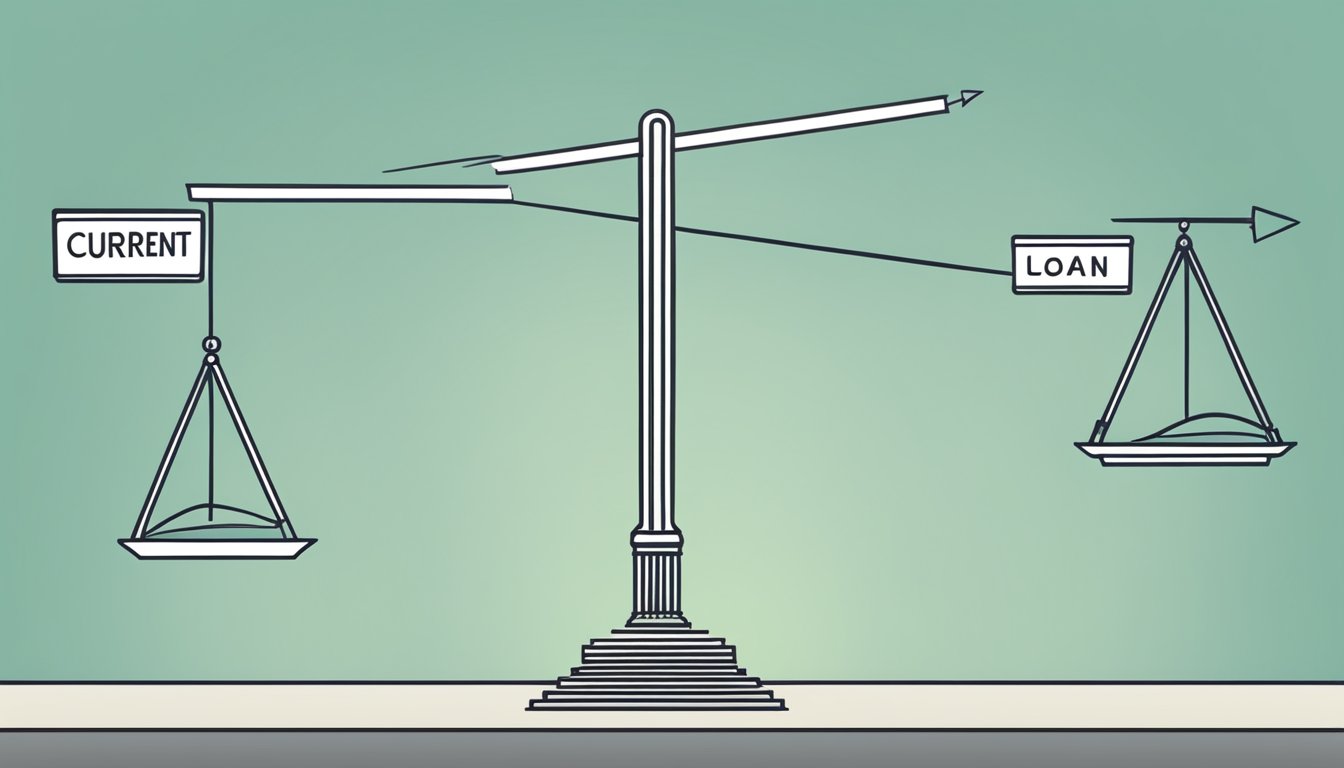 A scale with two sides, one labeled "current loan" and the other "new loan", with arrows pointing from one to the other, symbolizing a balance transfer for a personal loan