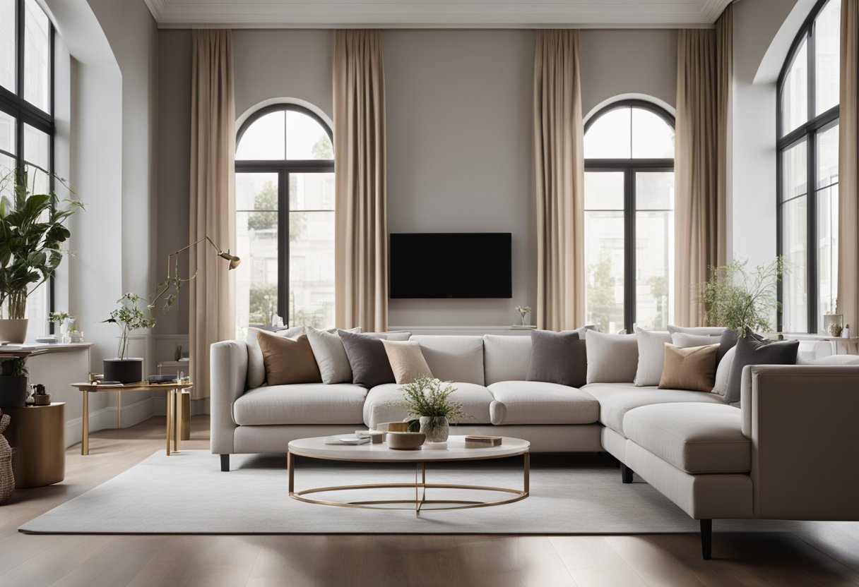 A spacious room with clean lines, neutral colors, and elegant furniture. A mix of modern and traditional elements create a timeless and sophisticated atmosphere