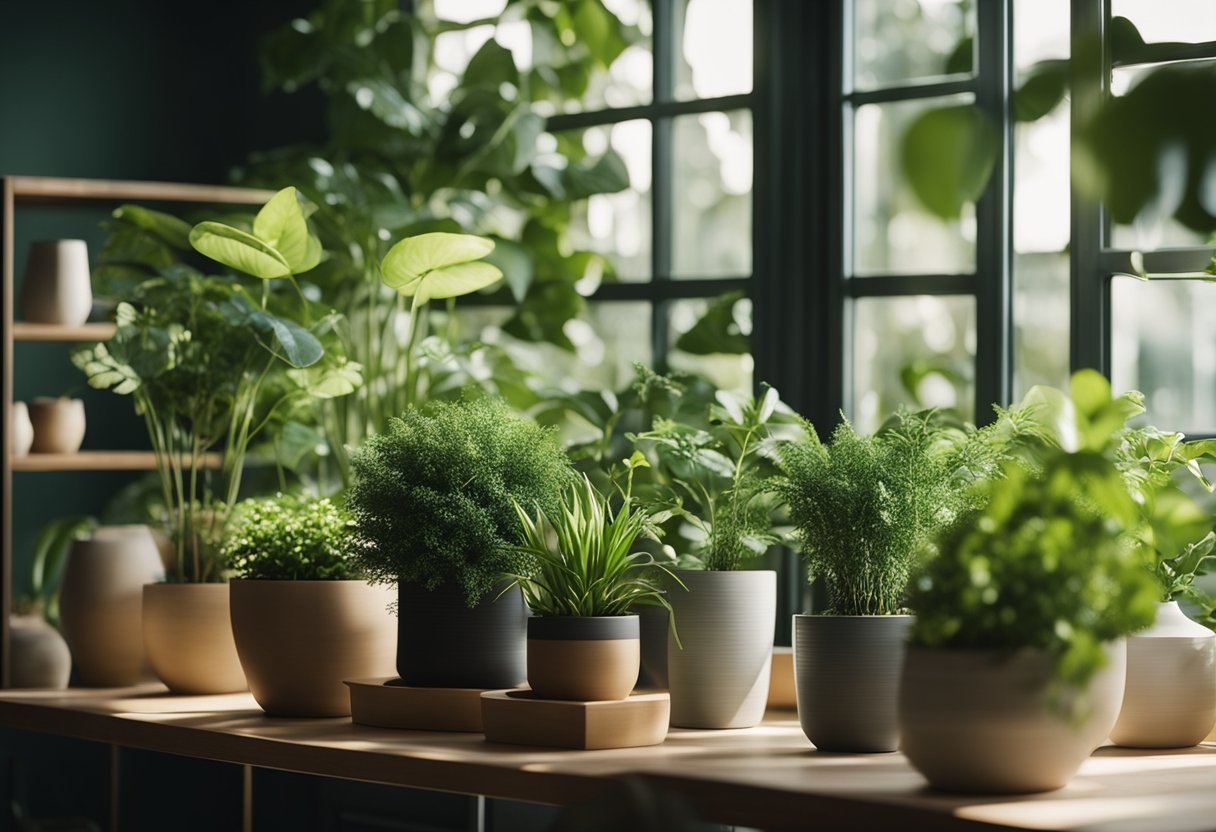 Lush green plants fill the room, arranged in stylish pots on shelves and tables. Sunlight filters through the windows, casting a warm glow on the verdant display