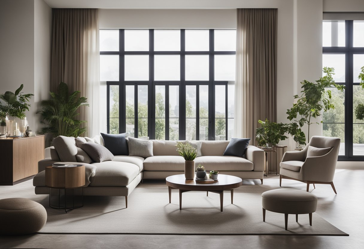 A spacious living room with clean lines, neutral colors, and elegant furniture. Large windows allow natural light to fill the room, highlighting the timeless and sophisticated design