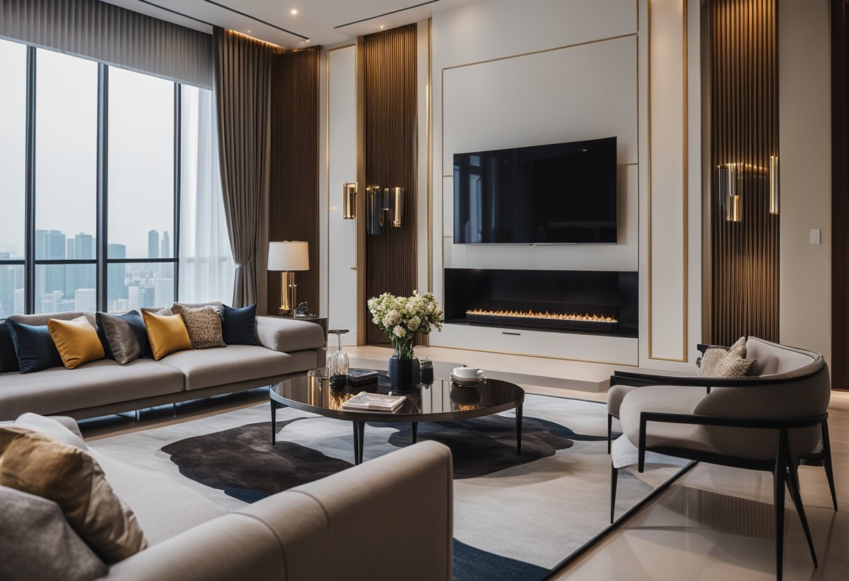 A spacious and elegantly designed living room with high-end furniture, luxurious fabrics, and modern decor in a prestigious Singapore residence