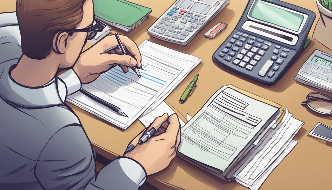 A person sitting at a desk, filling out paperwork for a personal micro loan. A calculator and pen are on the desk