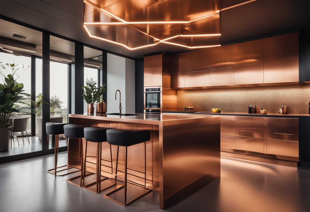 A copper interior with sleek metallic furniture, warm lighting, and reflective surfaces