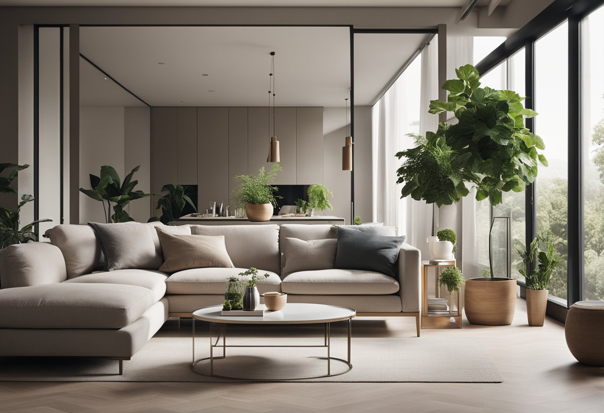 A modern, minimalist living room with sleek furniture, clean lines, and a neutral color palette. Large windows let in natural light, and potted plants add a touch of greenery