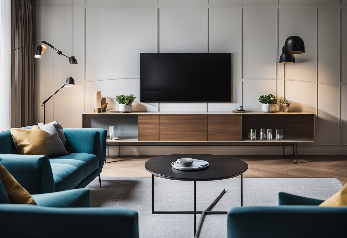 A modern living room with clean lines, minimalistic furniture, and pops of color. A wall-mounted TV, sleek lighting, and geometric patterns add to the contemporary feel