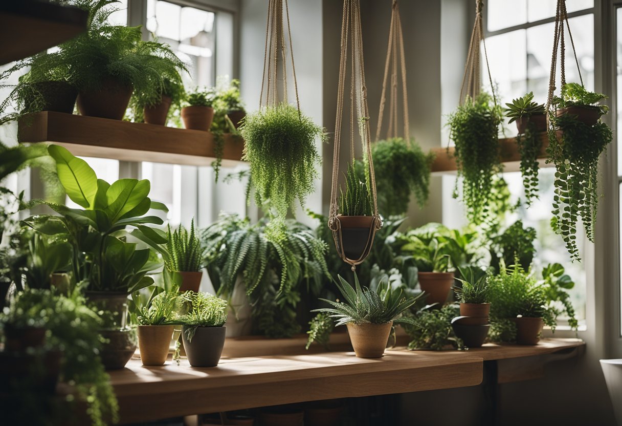 Lush greenery cascades from hanging planters, while potted ferns and succulents adorn shelves and tables. Natural light filters through large windows, illuminating the vibrant foliage