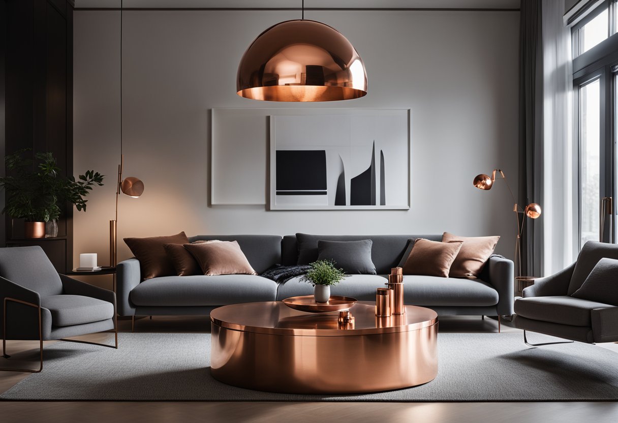 A sleek, minimalist living room with copper accents. A copper coffee table sits in front of a plush grey sofa, while copper light fixtures hang from the ceiling, casting a warm glow over the space
