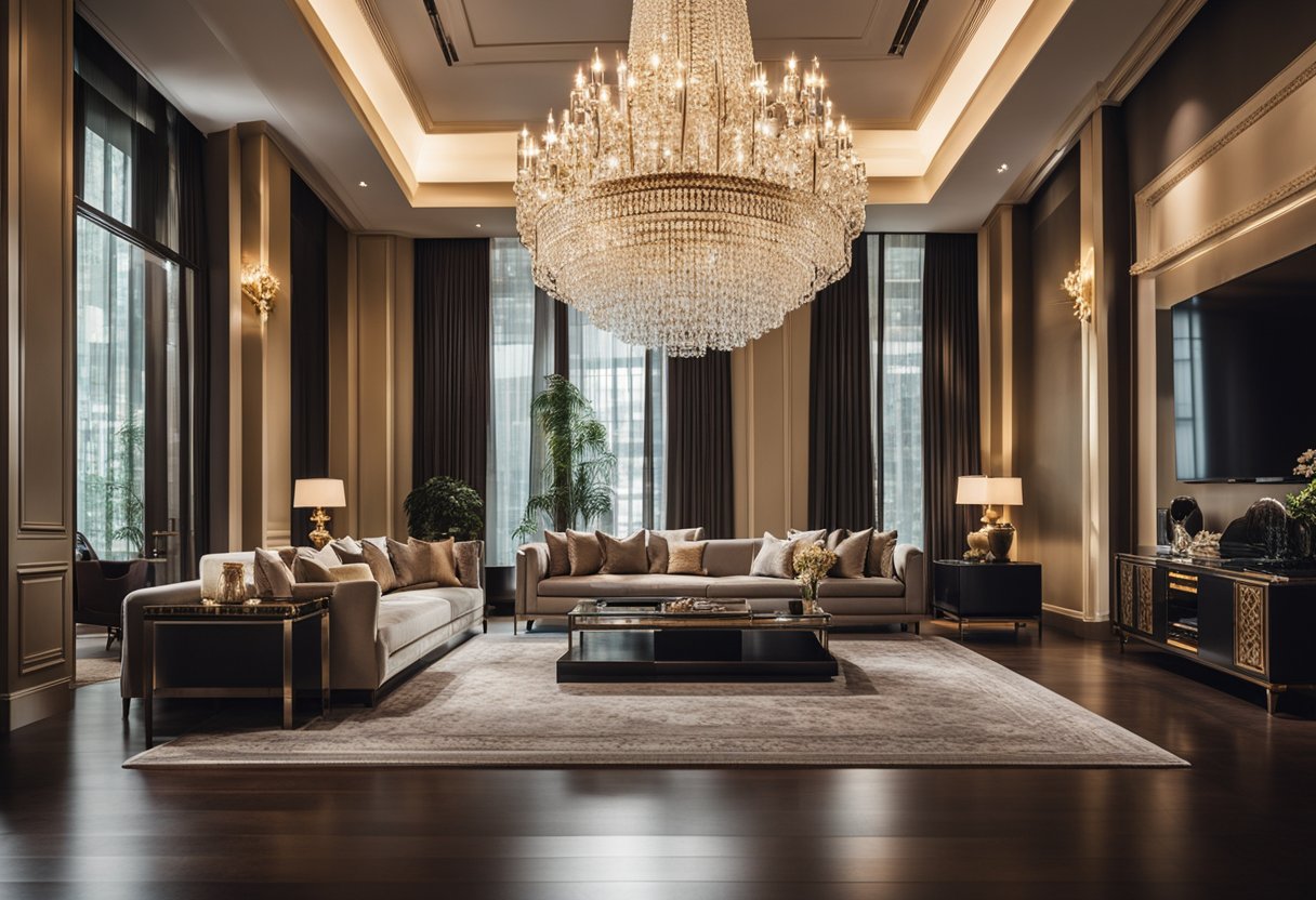 A grand chandelier illuminates a lavish living room with plush furniture and intricate decor, showcasing the essence of luxury interior design in Singapore