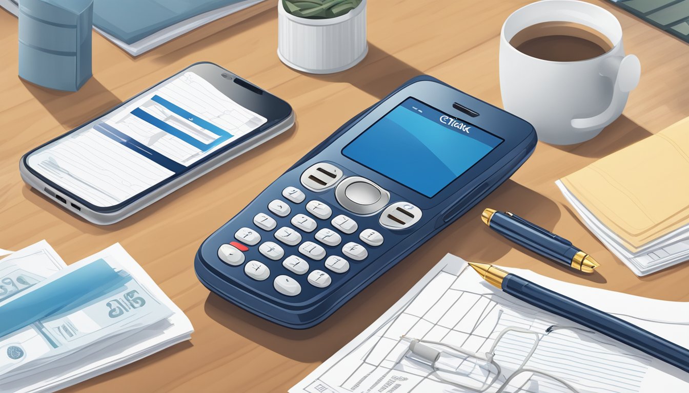 A phone with the Citibank logo on the screen, surrounded by financial documents and a pen