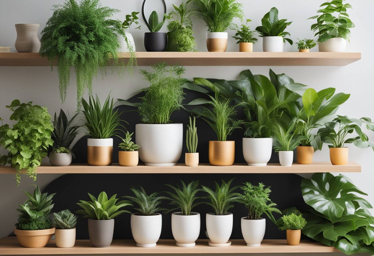 Lush green plants arranged in stylish pots, placed strategically around a bright, airy room. Care tools and products neatly organized on a nearby shelf