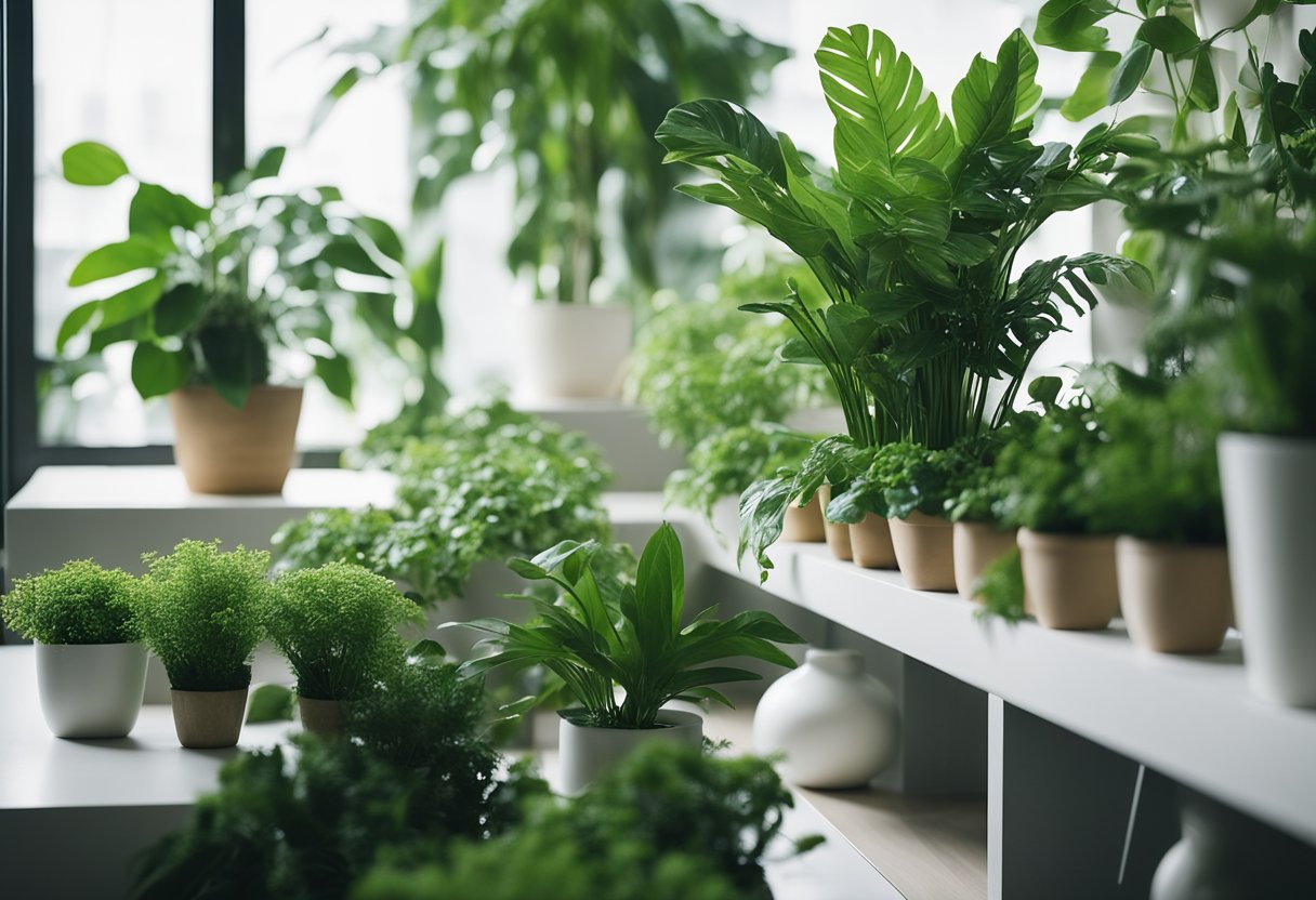 Lush green plants arranged in a modern, well-lit interior space with clean lines and minimalistic decor