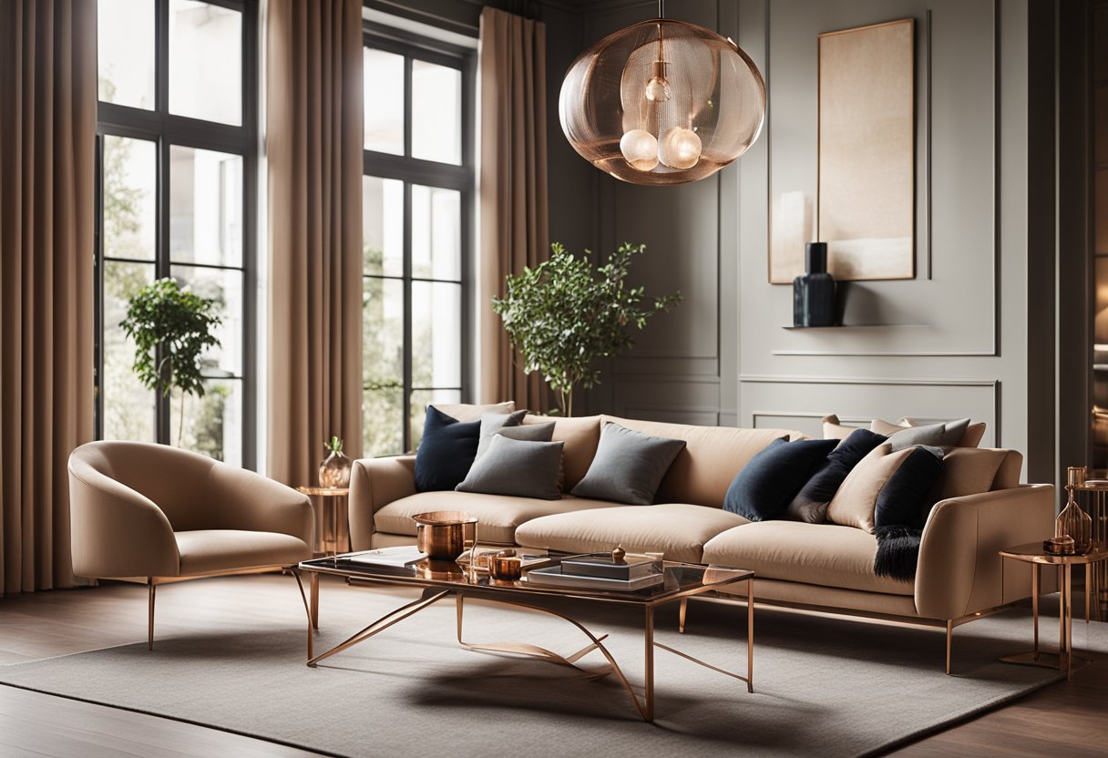 A modern living room with copper accents, including a sleek coffee table, pendant lights, and decorative vases. Warm and inviting atmosphere with a touch of elegance