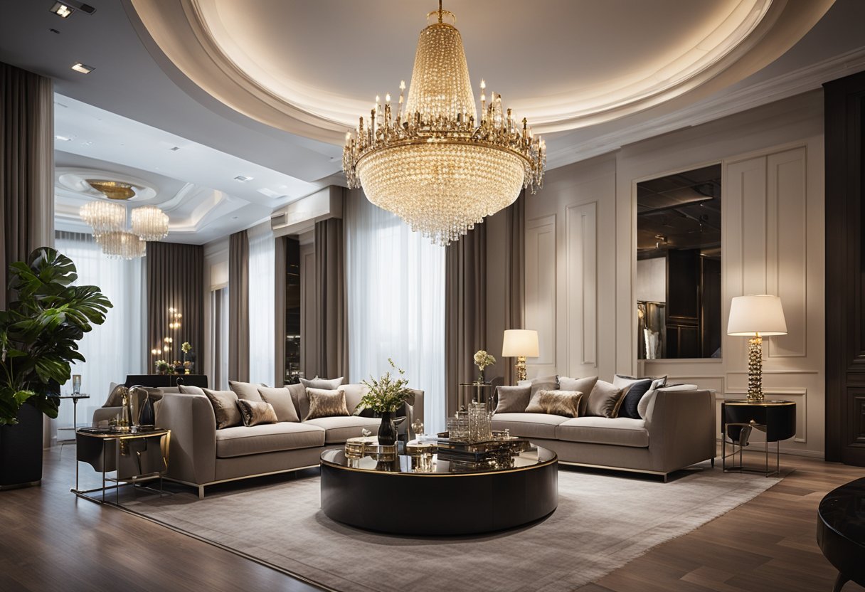 A lavish living room with sleek, modern furniture and opulent decor. A grand chandelier hangs from the high ceiling, casting a warm glow over the elegant space