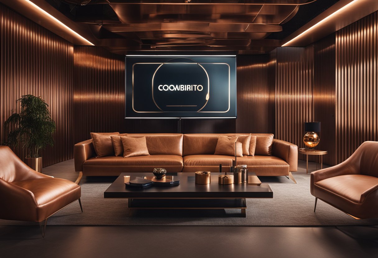 A copper-themed room with sleek furniture, warm lighting, and metallic accents. FAQs displayed on a modern screen