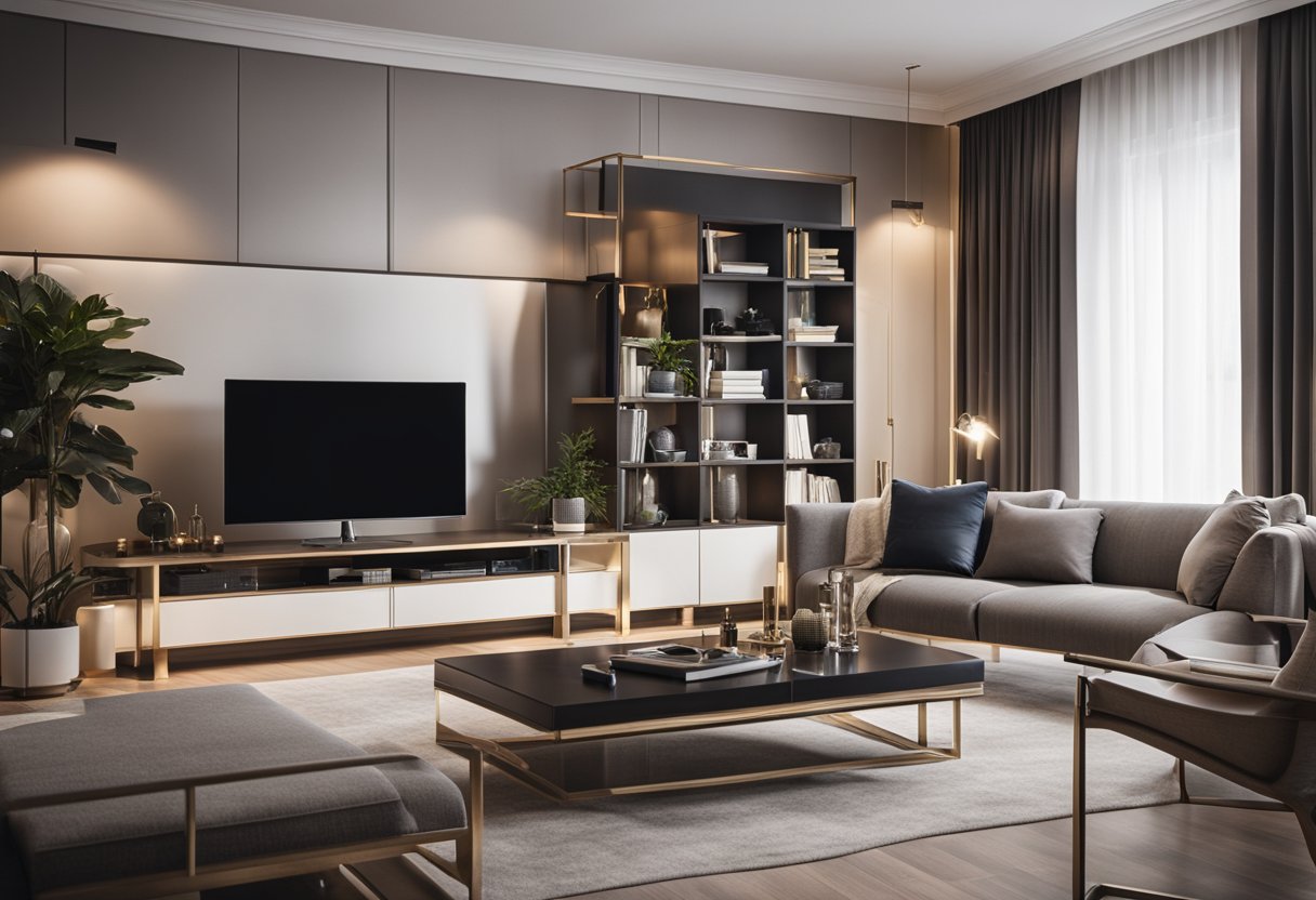 A luxurious living room with modern furniture, elegant decor, and soft lighting. A designer desk with a computer and a stylish bookshelf