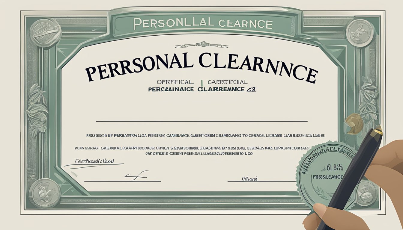 A hand holding a certificate with "Personal Loan Clearance" in bold letters, official stamp, and signature