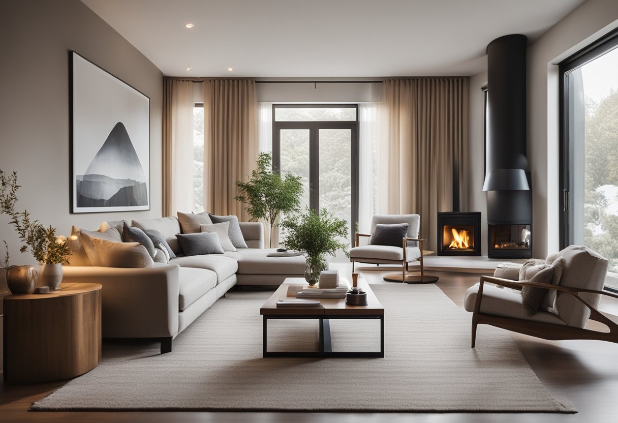 A cozy living room with minimalist furniture, natural light, and neutral colors. A fireplace and large windows create a warm and inviting atmosphere