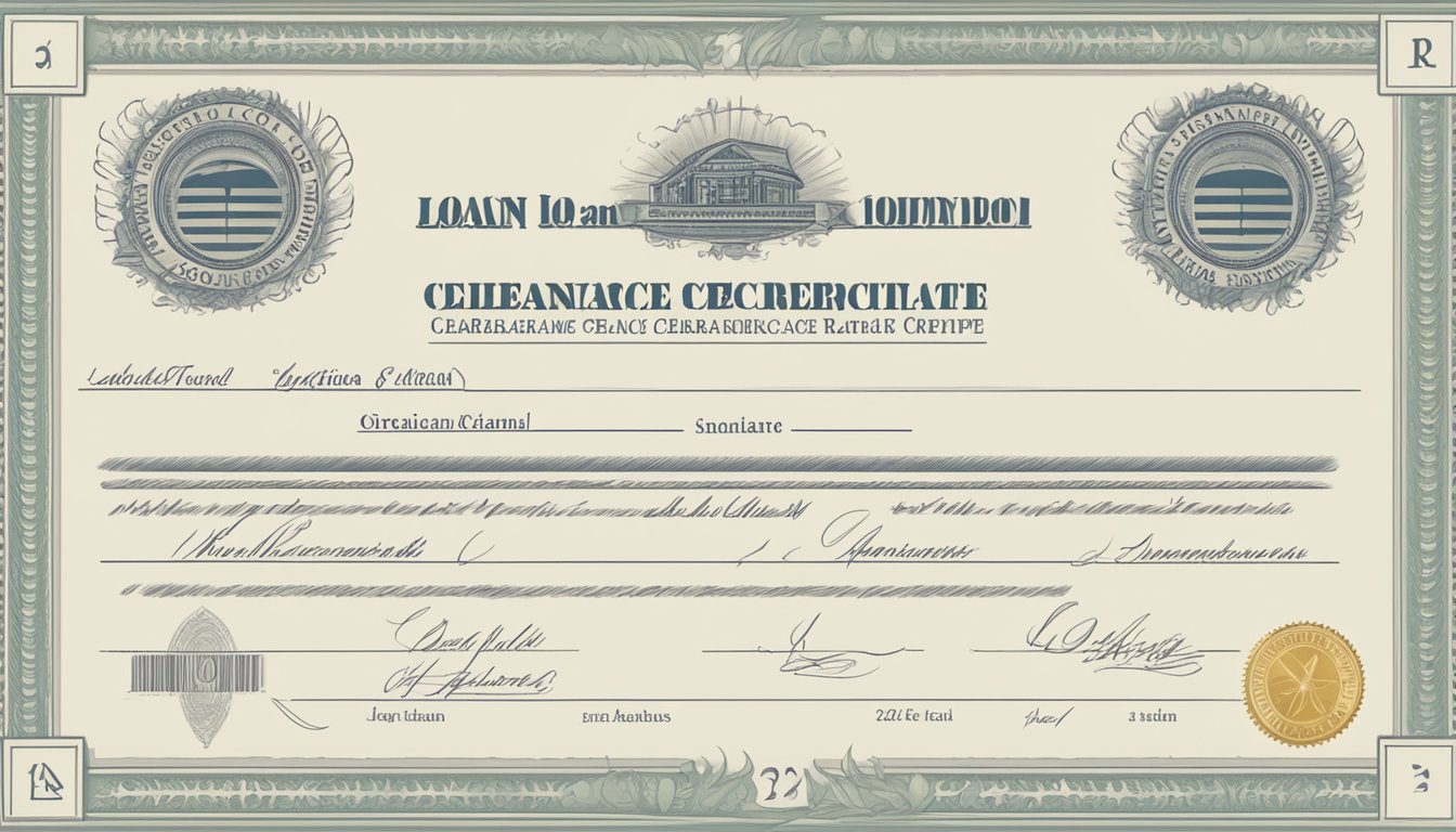 A hand holding a loan clearance certificate with official stamps and signatures