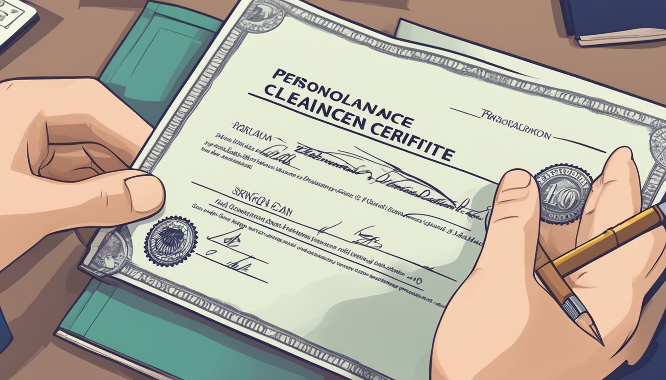 A hand holding a personal loan clearance certificate with a stamp and signature