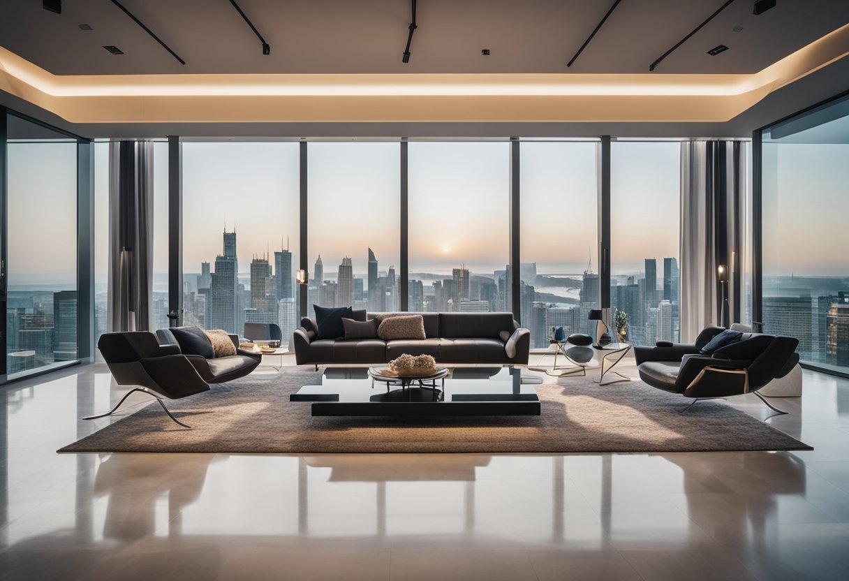 A luxurious, modern living room with sleek furniture and elegant decor, bathed in natural light from large windows overlooking the city skyline