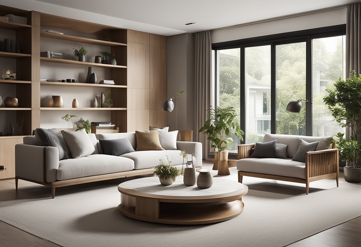 A modern living room with a minimalist design, featuring clean lines, neutral colors, and natural materials such as wood and stone. Large windows let in plenty of natural light, and there are a few carefully chosen decorative accents to add interest