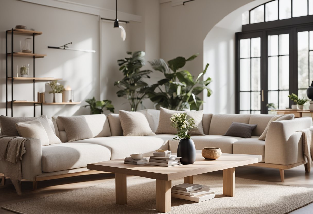 A minimalist living room with natural light, clean lines, and cozy textiles. Light wood furniture, neutral colors, and functional decor create a serene atmosphere