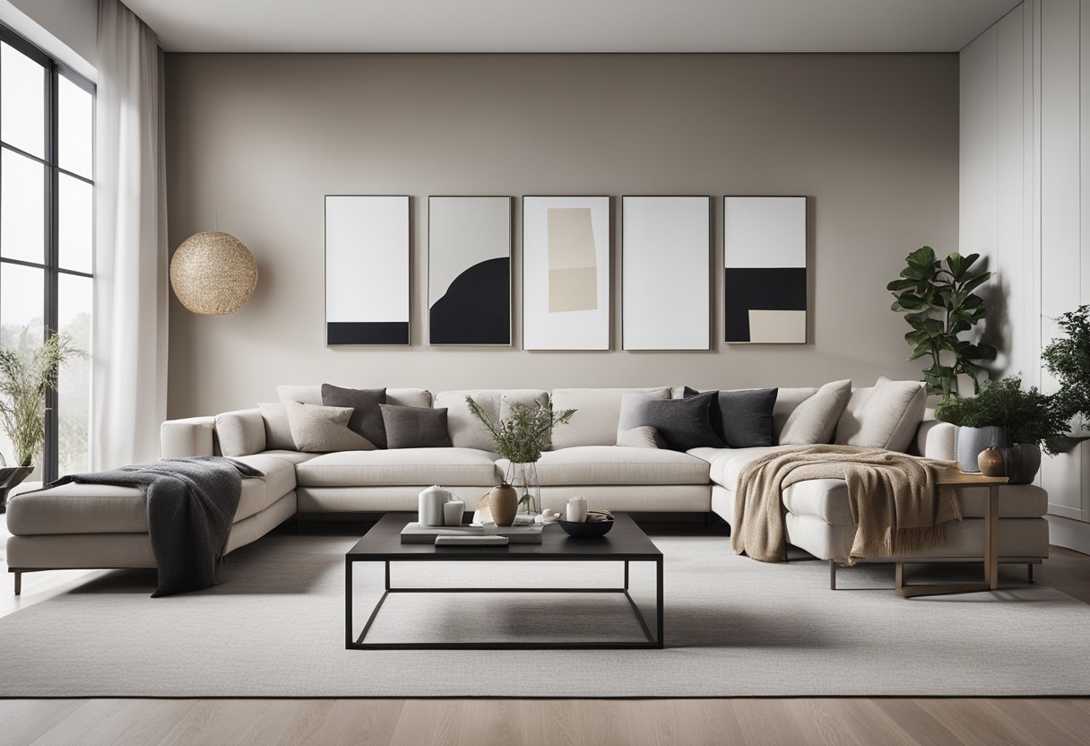A modern living room with a sleek, minimalist design. Clean lines, neutral colors, and a mix of textures create a stylish and inviting space