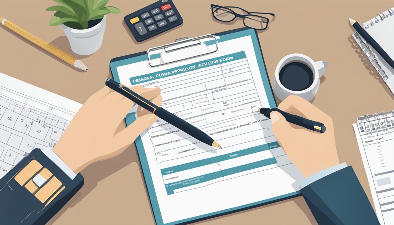 A hand holding a POSB personal loan application form with a pen ready to fill in details. A calculator and laptop are on the table