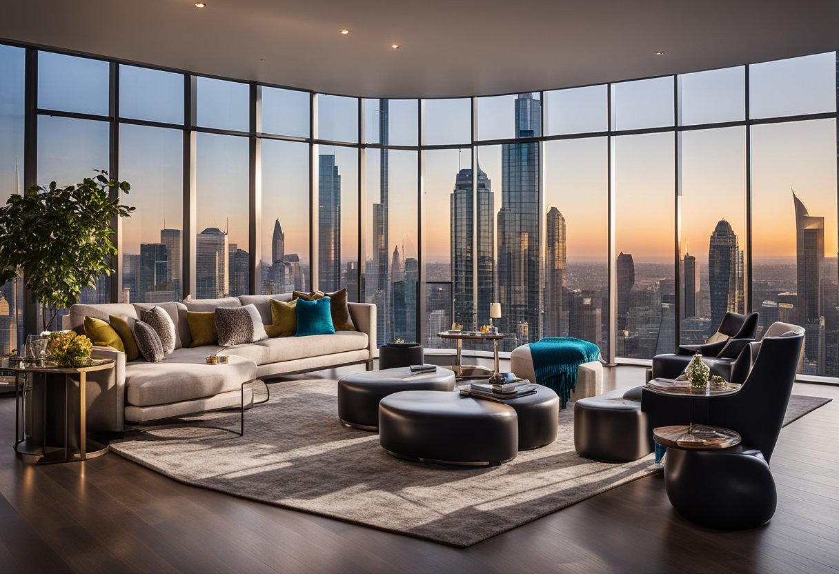 A luxurious living room with sleek, modern furniture and vibrant pops of color. Floor-to-ceiling windows offer stunning views of the city skyline